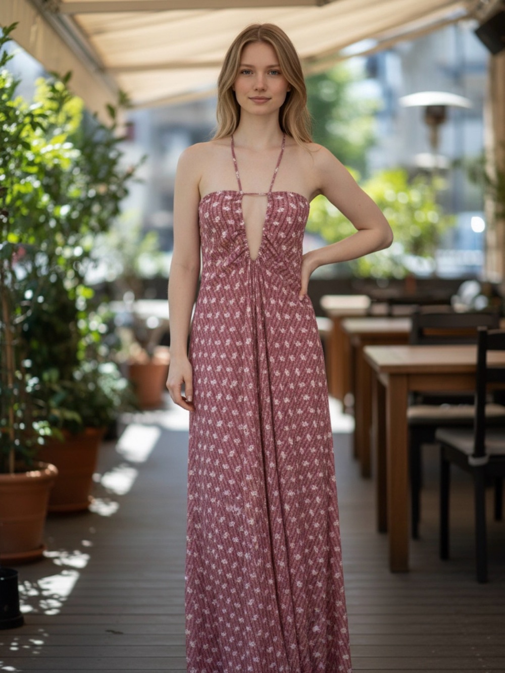 Acacia Polly Pink Halter Maxi Dress with Floral Print Size L New with Tags